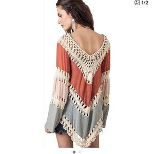 Umgee V-Neck Sweater with Crochet Accents